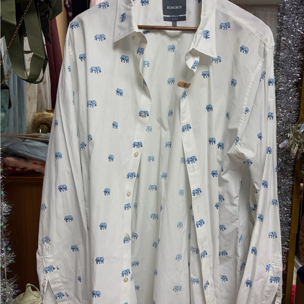 Bonobos White Shirt with Blue Elephant Print